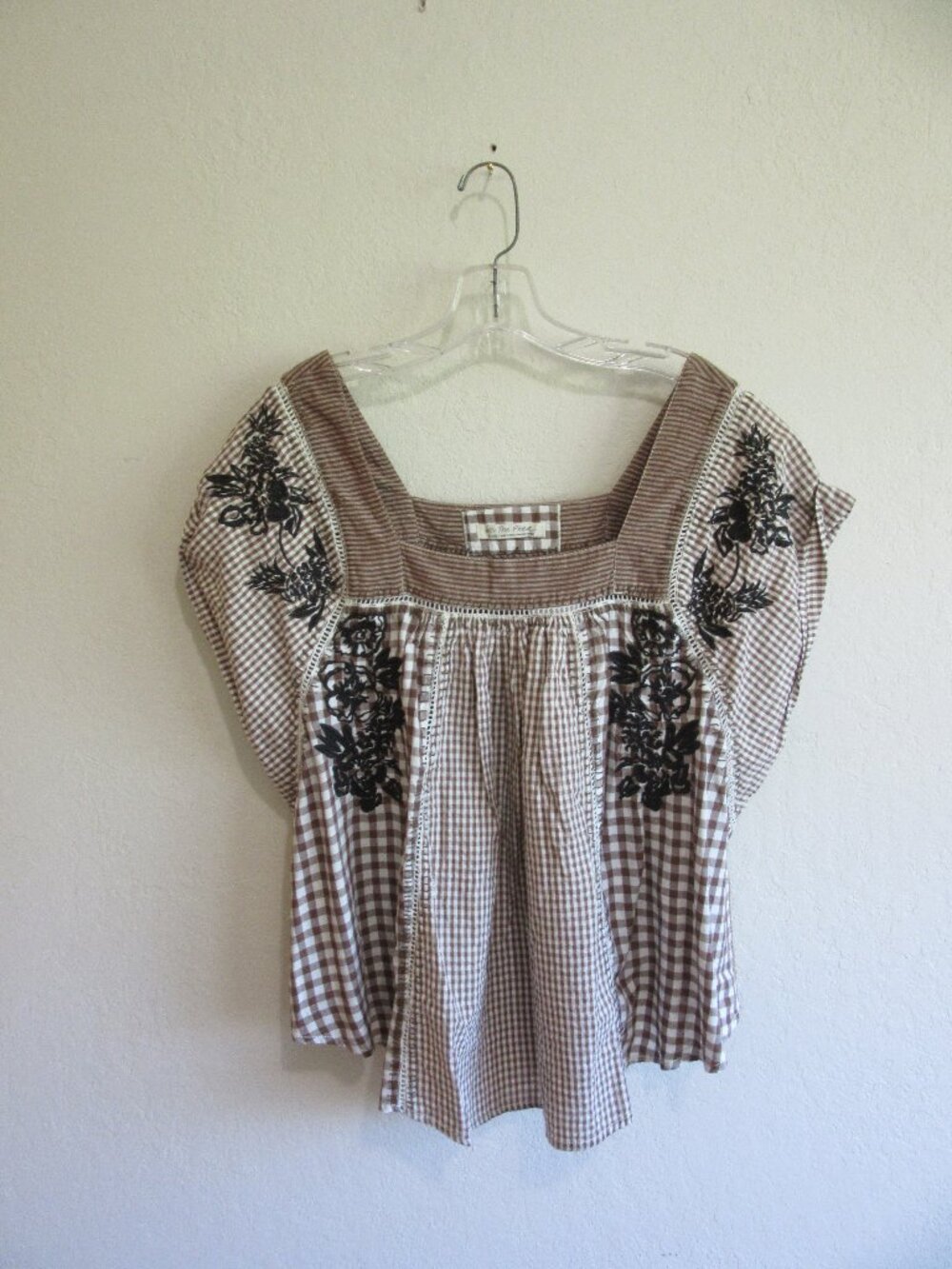 We The Free Brown/White Gingham Black Embroidered Florals Square Neck Top NWT